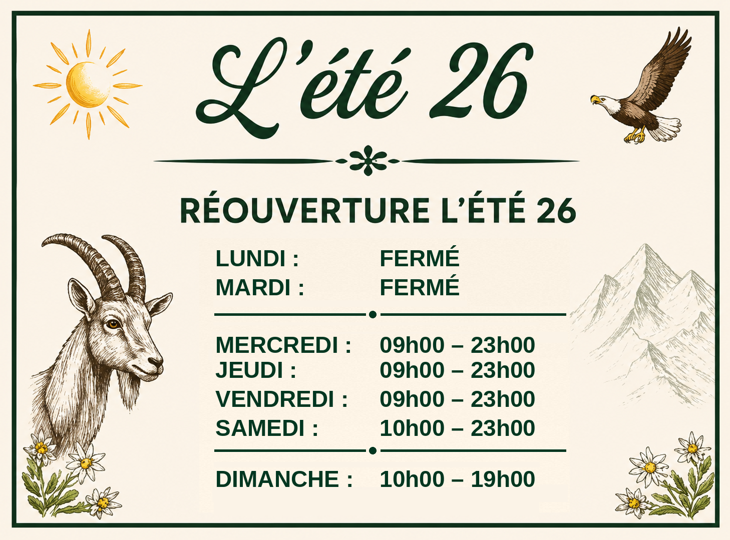 Annonce Réouverture l’été 26 avec horaires du Café du Village du Levron